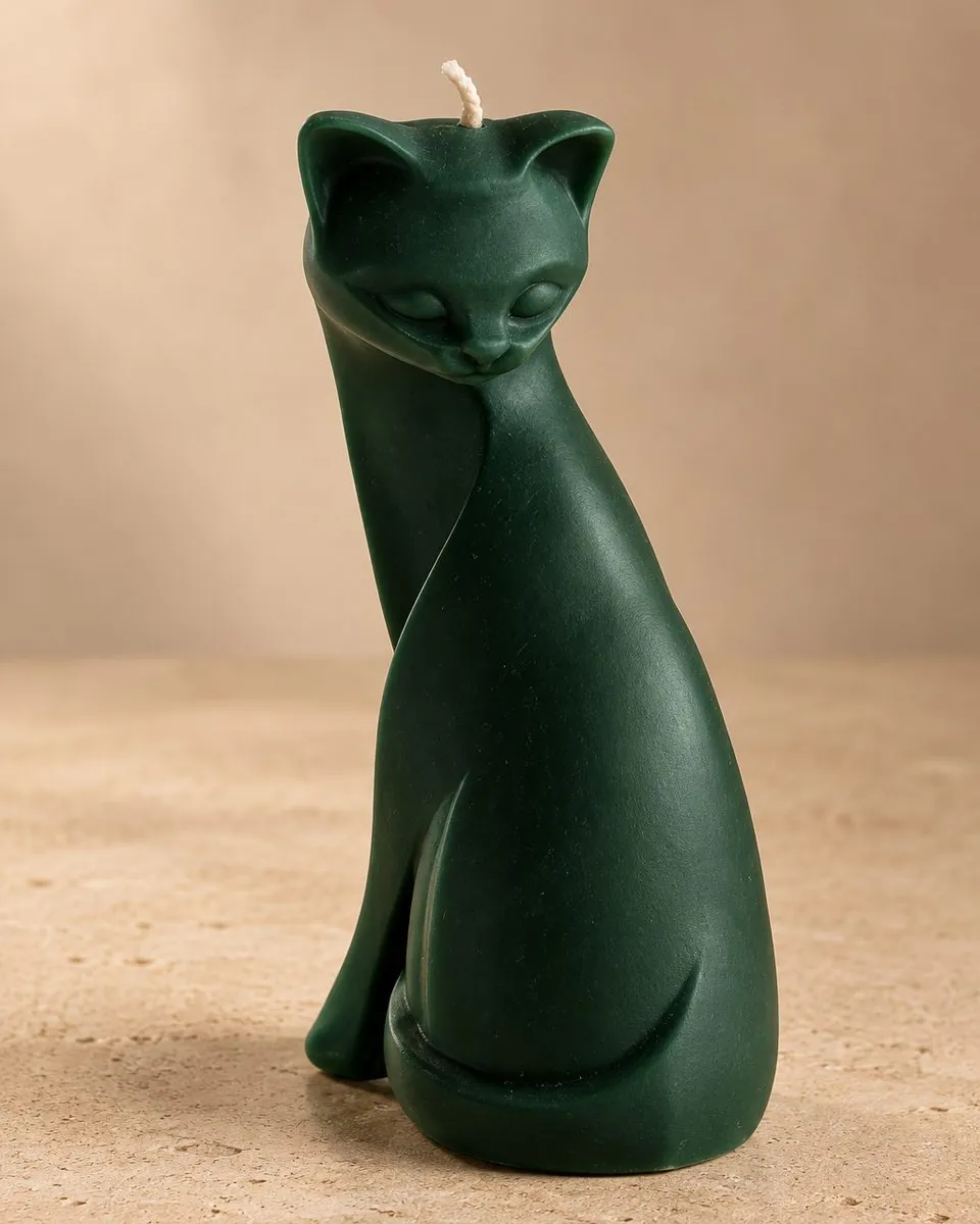Vela artesanal en forma de gata sentada, color verde bosque